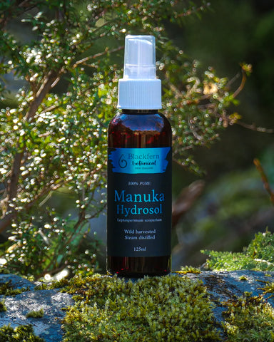 image of blackfern botanical manuka hydrosol in a NZ forest setting