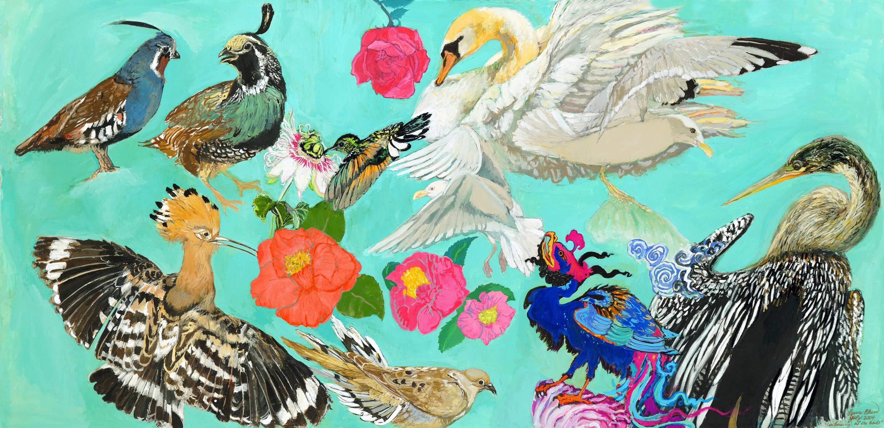 An image of Conference of the Birds Painting painted by Laurie Blum. The painting has a magnificent turquoise background with flowers, camellias, roses, and the Mountain Quail and California Quail, Hoopoe, Hummingbird, Mourning Dove, Swan and Seagulls, Simurgh, and Anhinga. 