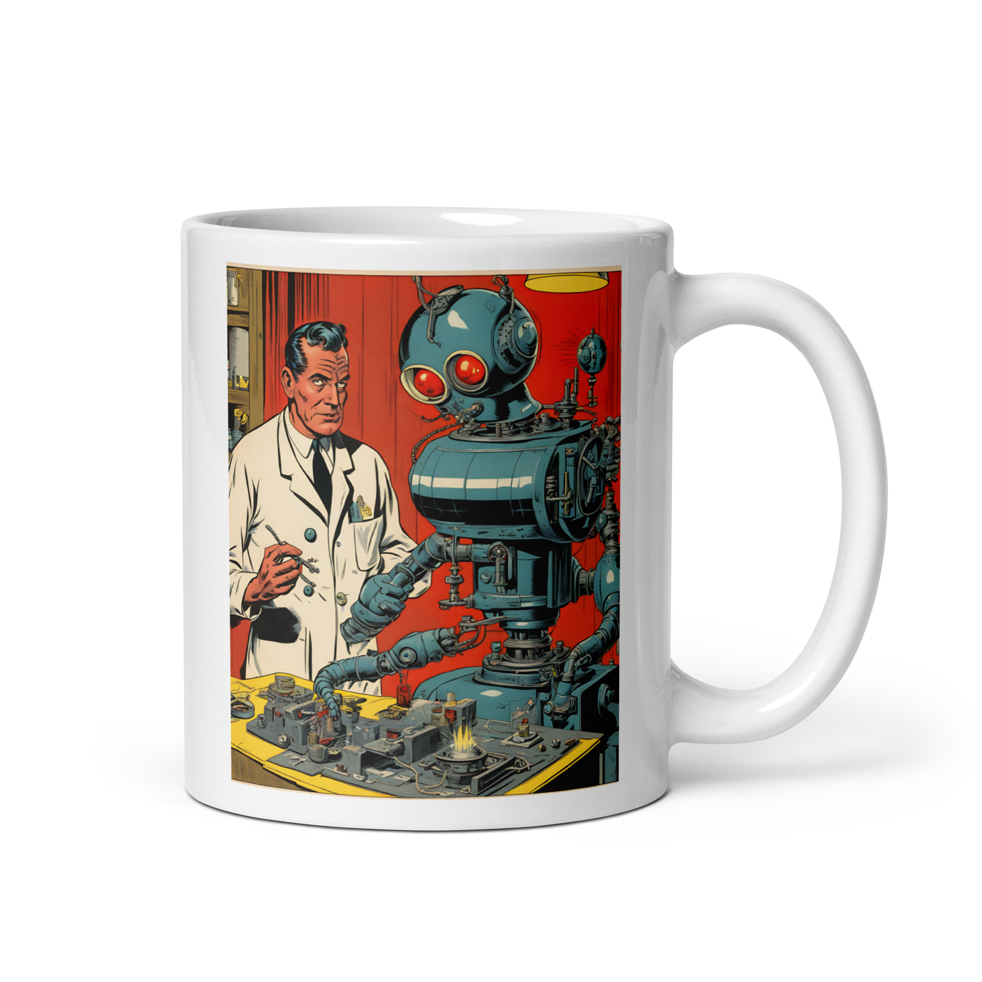 Scientist Building a Kill-Bot White Glossy Mug