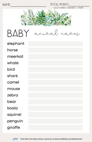 Baby Shower Game: Baby Animal Names