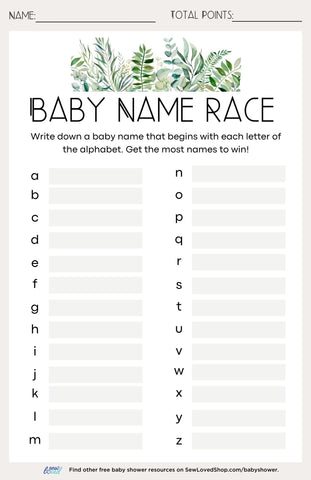 Baby Name Race Baby Shower Game