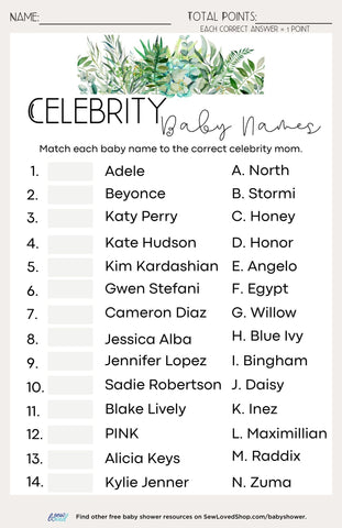 Baby Shower Game: Celebrity Baby Names