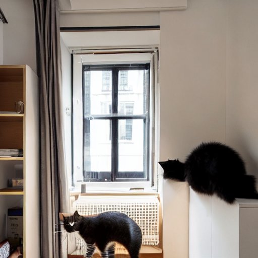 AIが作ったロンドンにある極小アパートメント。モダンミッドセンチュリー調のインテリア。猫がいます。