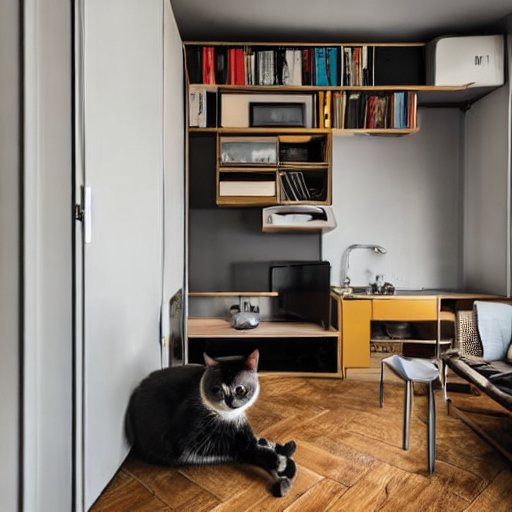 AIが作ったミラノにある極小アパートメント。ミッドセンチュリーモダン調のインテリア。猫がいます。