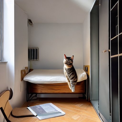 AIが作ったミラノにある極小アパートメント。ミッドセンチュリーモダン調のインテリア。猫がいます。