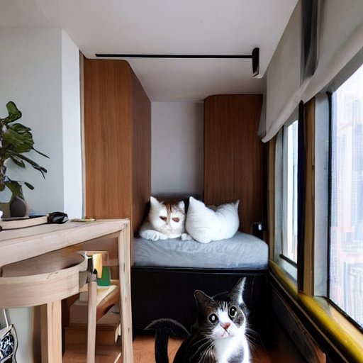 AIが作ったニューヨークにある極小アパートメント。ミッドセンチュリーモダン調のインテリア。猫がいます。