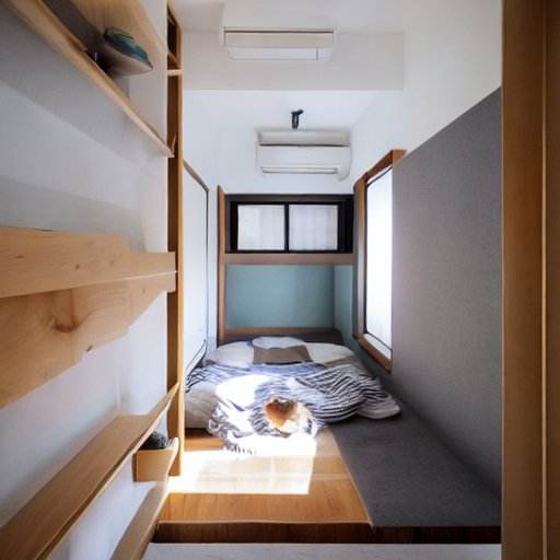 AIが作った東京にある極小アパートメント。ミッドセンチュリーモダン調のインテリア。猫がいます。