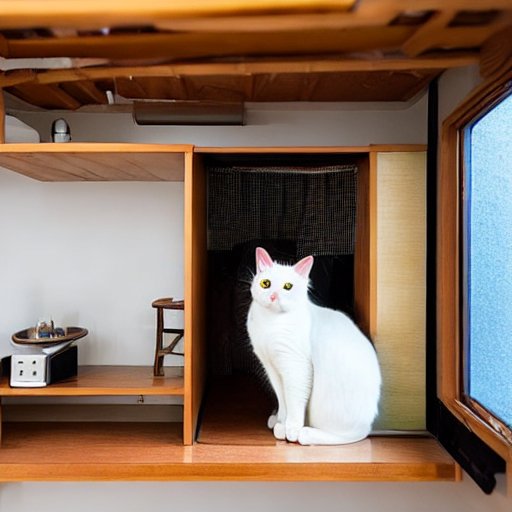AIが作った東京にある極小アパートメント。モダンミッドセンチュリー調のインテリア。猫がいます。