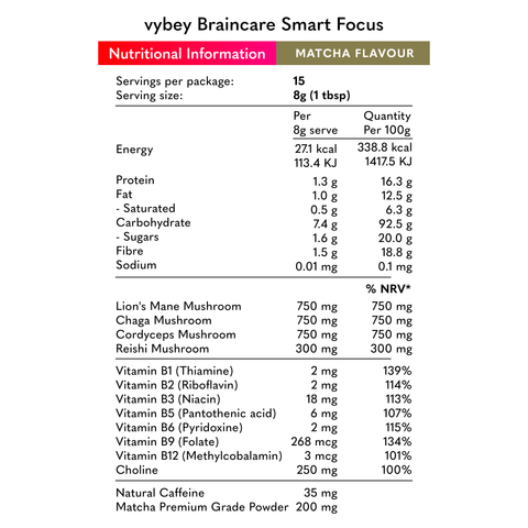 nutritional information for nootropic coffee alternative matcha flavour