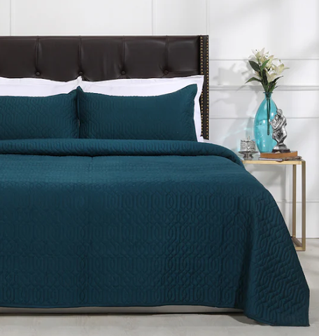 Emily Geometric Teal Quilted Cotton Bedcover