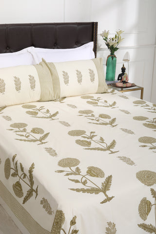 Saima Sun Flower Cotton Percale Hand Block Printed Bedsheet - shahenazindia