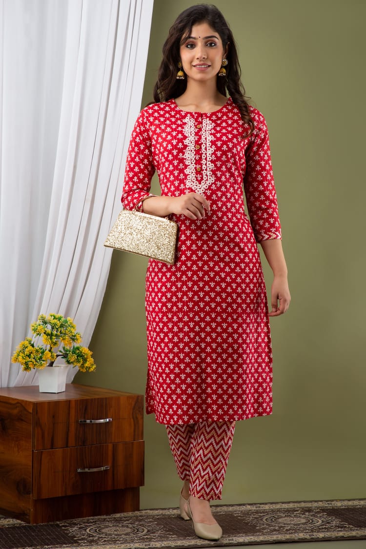 Red Stitched White Floral Embroidered Cotton Kurti