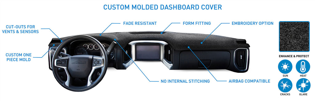 Spec Diagram for Molded Fit Dash Cover. Fade resistant; Cut-outs for vents & sensors; Form fitting; Zig zag stitched; Airbag compatible; Embroidery option; Enhance & protect from sun, heat, cracks, glare.