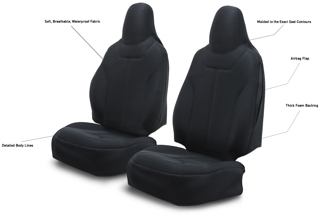 Molded Seat Covers. Soft, Breathable, Waterproof Fabric; Molded to the Exact Seat Contours; Airbag Flap; Thick Foam Backing; Detailed Body Lines;