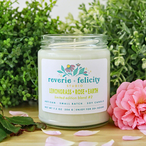 Lemongrass Rose Earth Soy Wax Candle Limited Edition from Reverie + Felicity Studio