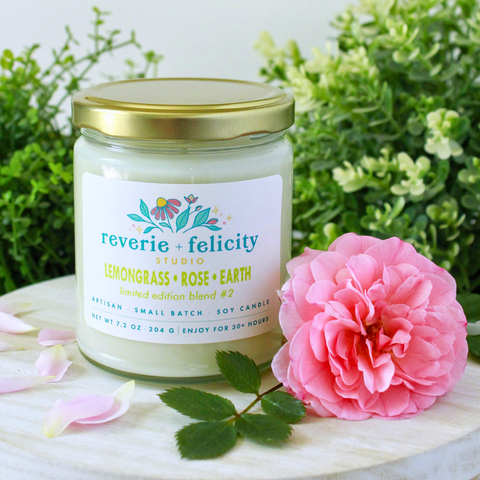 Lemongrass Rose Earth Limited Edition scented soy wax candle from Reverie + Felicity Studio