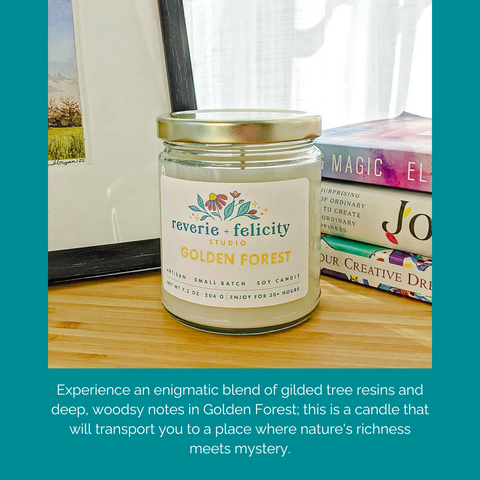 Golden Forest handmade scented soy wax candle with notes of citrus, evergreen, resin, and amber from Reverie + Felicity Studio
