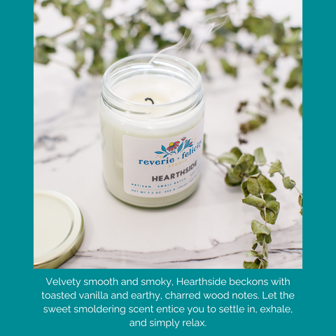 Hearthside handmade scented soy wax candle with notes of vanilla, smoke, charred wood, and clove from Reverie + Felicity Studio