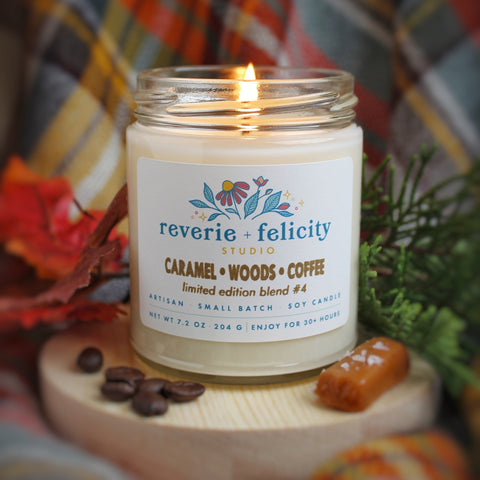 Caramel Woods Coffee Limited Edition scented soy wax candle from Reverie + Felicity Studio