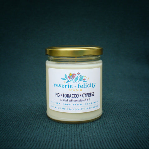 Fig Tobacco Cypress Soy Wax Candle Limited Edition from Reverie + Felicity Studio