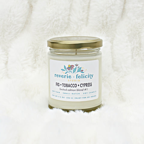 Fig Tobacco Cypress Limited Edition scented soy wax candle from Reverie + Felicity Studio