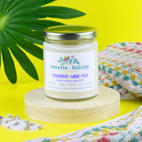 Passionfruit Amber Palm Soy Wax Candle Limited Edition from Reverie + Felicity Studio