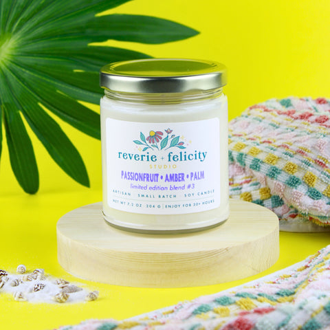 Passionfruit Amber Palm Limited Edition scented soy wax candle from Reverie + Felicity Studio