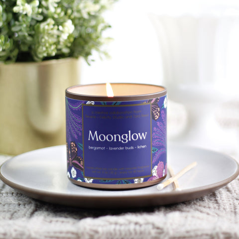 Moonglow scented soy wax candle collaboration with Tara Reed Art and Reverie + Felicity Studio