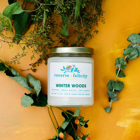 Winter Woods scented soy wax candle from Reverie + Felicity Studio