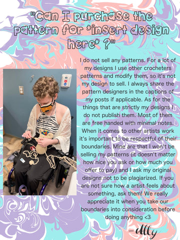 Digital swirl background with a photo on top of a high view of a girl with curly brown hair sitting in a wheelchair and crocheting in a waiting room