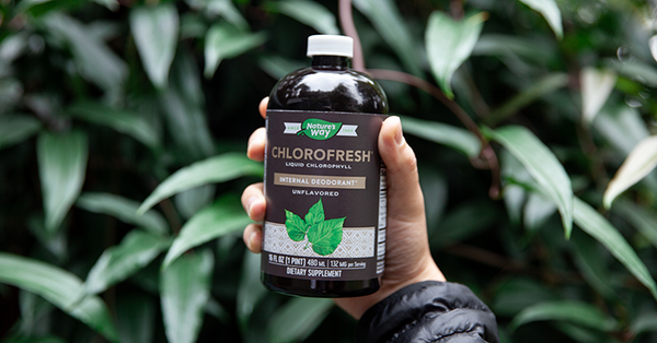 A hand holding up a bottle of Nature's Way Chlorofresh Liquid Chlorphyll with plants in the background.