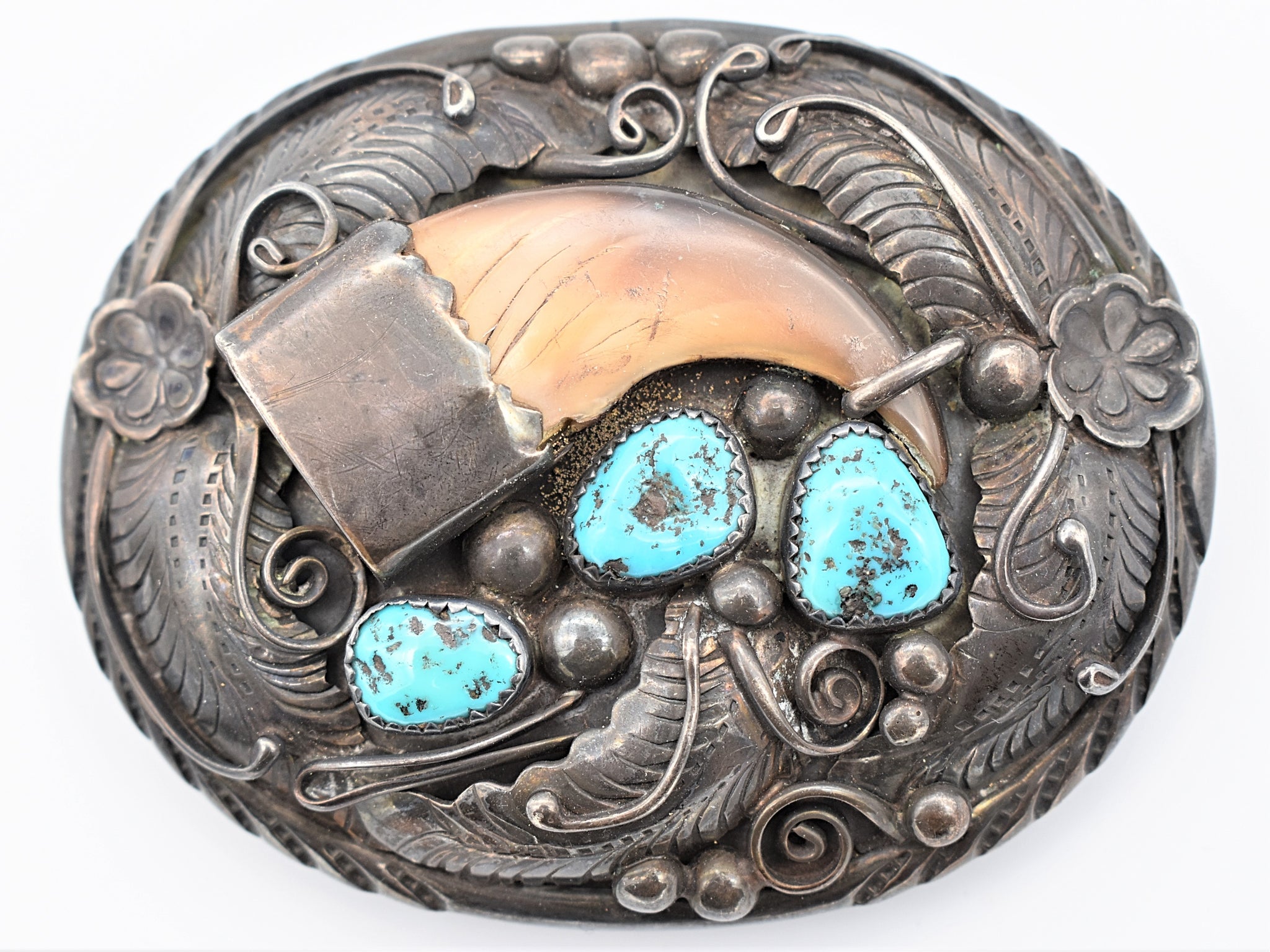 Sterling Silver Turquoise Stones Bear Claw Vintage Belt Buckle