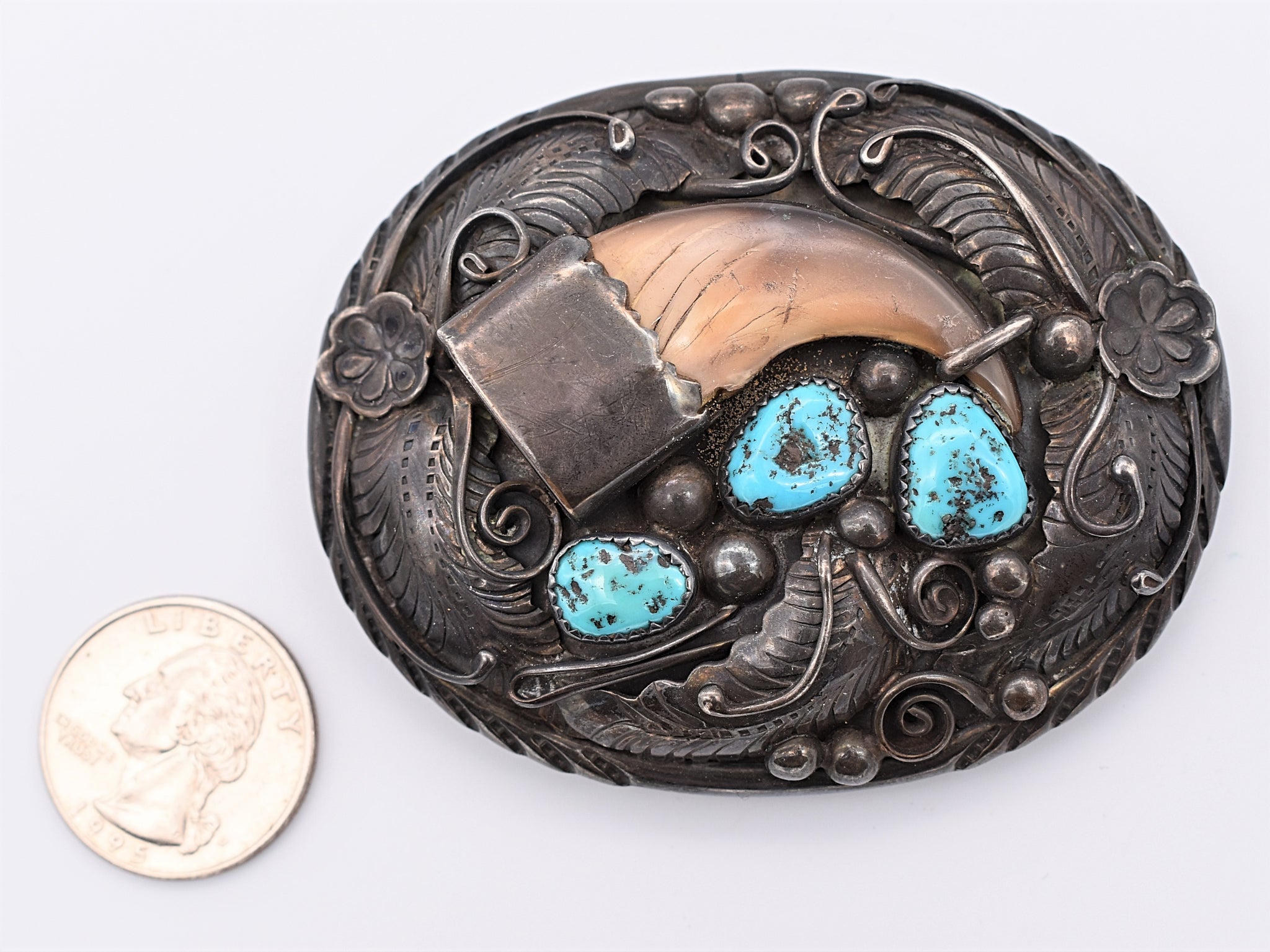 Sterling Silver Turquoise Stones Bear Claw Vintage Belt Buckle