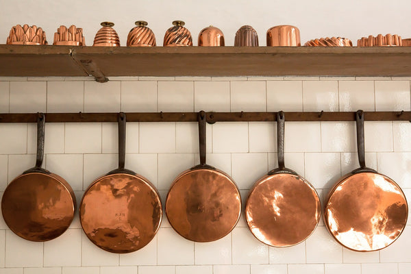 Copper pans on wall for kitchen decor