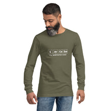 Load image into Gallery viewer, Model wearing Military Green (olive) long sleeve t-shirt with graphic of periodic table of elements symbols for Sulfur (S), Argon (Ar), Calcium (Ca), and Samarium (Sm) and text &quot;my (ele)mental state&quot;

