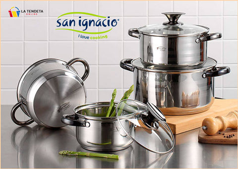 Bateria de cocina 8 piezas apta para induccion SAN IGNACIO Hita en acero  inoxidable con set de 3 cuchillos en acero inoxidable con barra magnetica