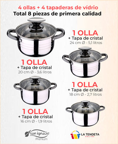 San ignacio Set Bateria Cocina 8 Piezas Con Juego Sartenes Toledo 18/20/24  cm PK3786 Plateado