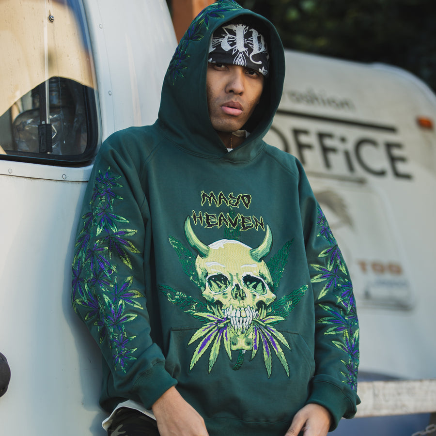 MAYO Devil Skull Embroidery Hoodie - BLACK / GREEN