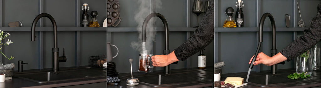 Quooker Flex kokende vannkran med uttrekkbar tut, her vist i 3 forskjellige innstillinger.