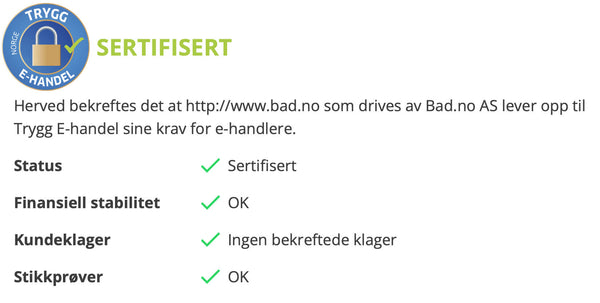 Bad.no er sertifisert av Trygg e-Handel som driftes av Virke