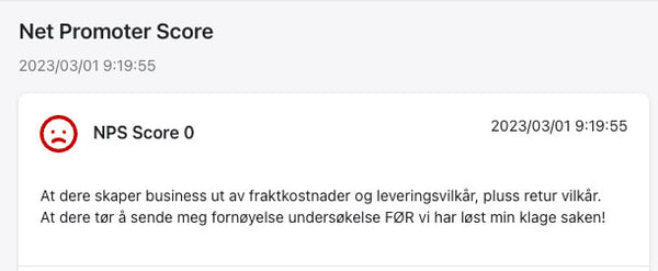 NPS Score 0 grunnet fraktkostnader og returfrakt