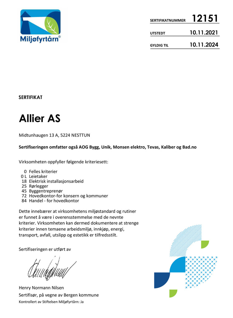 Sertifikat nr. 12151 Miljøfyrtårn Allier Gruppen inkl. Bad.no gyldig til 10.11.2024