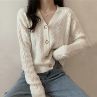Women 100% Wool Short Cardigan V-neck Knitted Sweater Autumn Winter Long Sleeve Casual Streetwear Fashion Cashmere Femme Coat