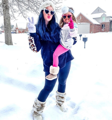 Mommy and me Sherpas. KJ Sepo and daughter wearing our Droppin' Hints Pullover Sherpas. 