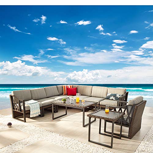 Festival Depot 10Pc Outdoor Furniture Patio Conversation Set Sectional Corner Sofa Chairs All Weather Wicker Ottoman Metal Frame Slatted Coffee Table with Thick Grey Seat Back Cushions Without Pillows