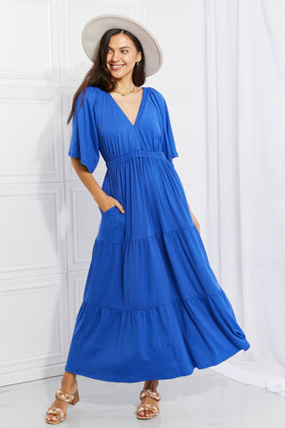 blue short sleeve tiered maxi dress