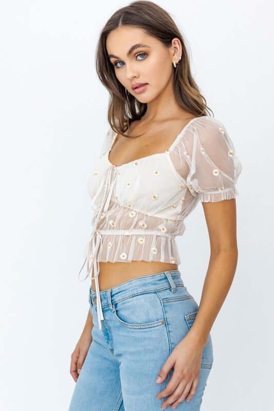 Short Sleeve Ruched Floral Embroidery Crop Top -Crop top#Firefly Lane Boutique1