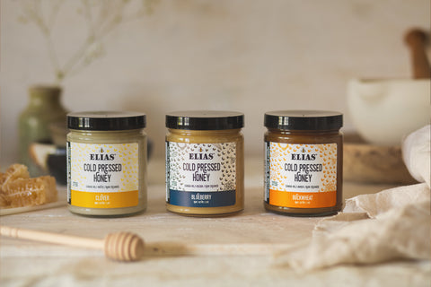 Elias Honey Cold Pressed Blueberry, Buckwheat and Clover Jars and Honey Dipper