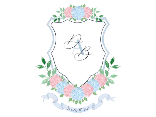 Blue Hydrangea Watercolor Wedding Crest Monogram Monogram 