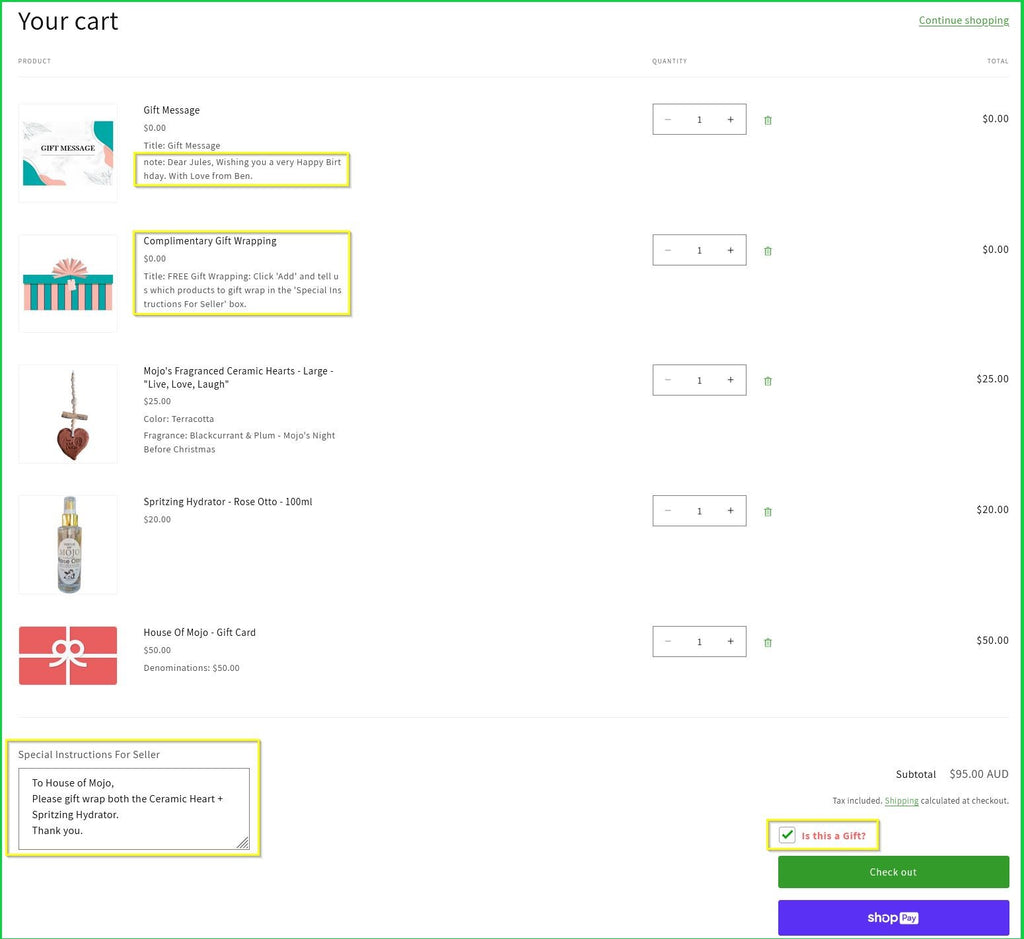 Screenshot of House of Mojo Cart with Complimentary Gift Wrapping & Gift Message boxes completed.